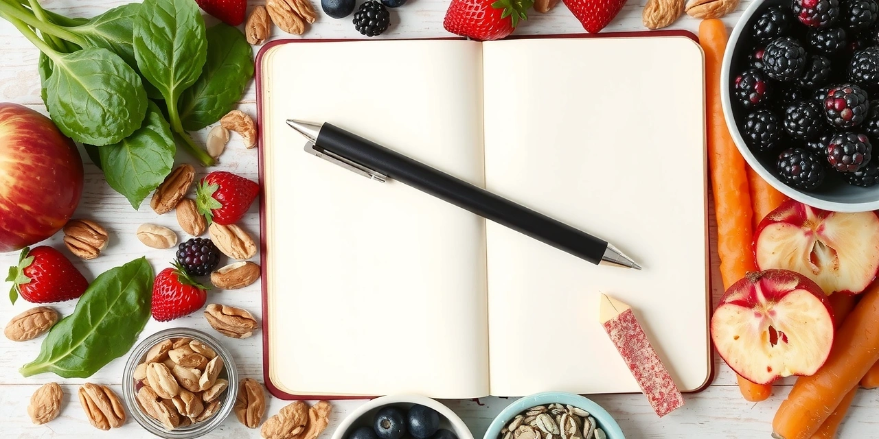 Eine offene Notizbuchseite umgeben von frischem Obst, Gemüse und gesunden Lebensmitteln, symbolisierend Ernährungsbildung und Rezepte.