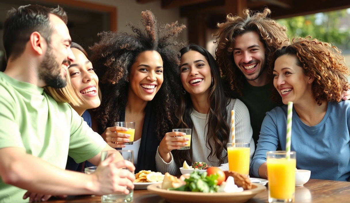 Glückliche Menschen, die gemeinsam lachen und gesundes Essen genießen