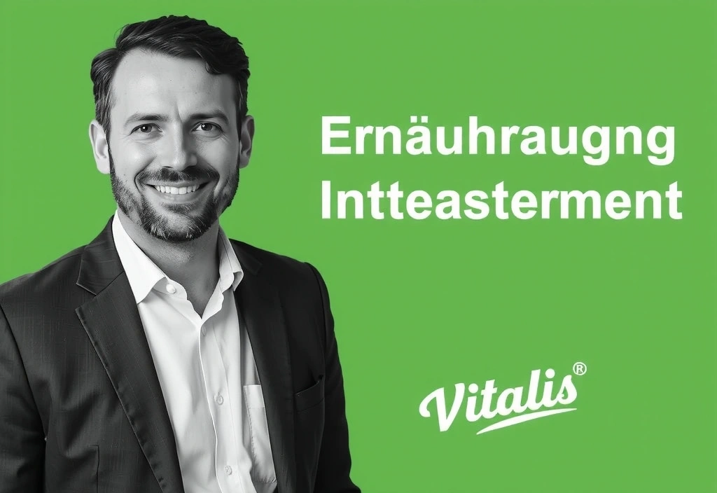 Ein professionelles Porträt eines freundlichen, sachkundigen Ernährungsberaters, der lächelt und Vertrauen ausstrahlt. Die Umgebung ist hell, modern und sauber, mit einem Hauch von Grünpflanzen im Hintergrund, was eine beruhigende Atmosphäre schafft. Kein Text im Bild.