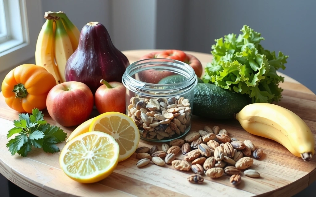Eine wunderschöne Anordnung frischer, bunter und gesunder Lebensmittel auf einem hölzernen Tisch mit weichem, natürlichem Licht, das die Szene beleuchtet. Es gibt eine Vielfalt an Gemüse, Obst, Nüssen und Samen, die auf appetitliche Weise präsentiert werden, ohne Text oder Personen.